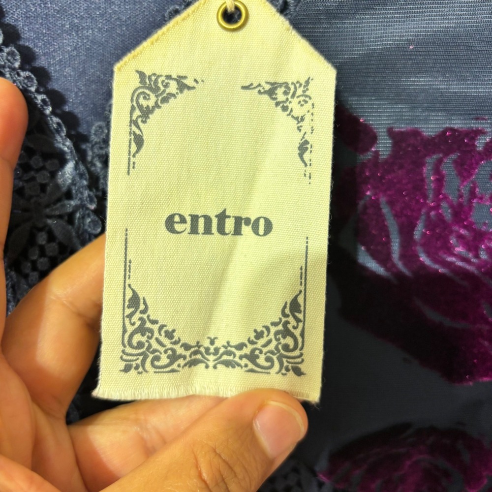 Entro Floral Velvet Burnout Dress Navy Magenta Boho‎ Bell Sleeve Mini Small NEW - Picture 7 of 11